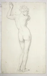Nu feminino em pose de pé, visto de costas; verso, contorno de um nu feminino