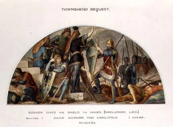 Rudiger dá seu escudo a Hagen, ilustração para "The Niebelungen" de Richard Wagner (1813-83)