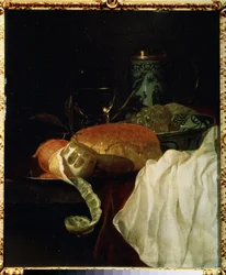 Fruta, dor e vinho (Fruta, pão e vinho). Peinture de Jurlaen van Streeck (1632-1687). Huile sur bois, 53 x 45 cm