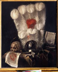 Vaidade com caveira rodeada por uma espiga de trigo, capacete, punhal (ou espada), chifre, penas e uma cópia de "Electra" de Sófocles. Pintura de Jurlaen van Streeck (1632-1687). Óleo sobre tela, 98 x 84 cm