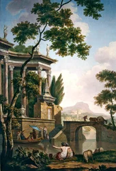 Paisagem arcadiana com um monumento funerário (óleo sobre tecido)
