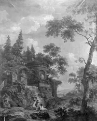 Revestimento mural com paisagem arcádica, pertencente à sala da Herengracht 40