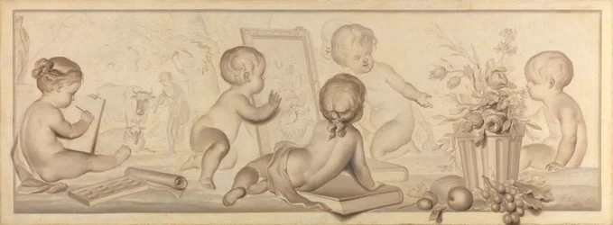 Seis putti com flores e frutos e atributos da arte de desenhar