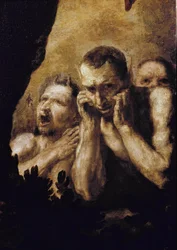 Apollo e Marsyas Apollo, depois de vencerem o desafio contra Marsyas, mandam-no descascar e depois atiram-no para uma caverna. (detalhe). Pintura de Jose de Ribera dit lo Spagnoletto (1591-1652)
