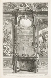 Gabinete do Conde Bielenski Grande Marechal da Coroa da Polónia executado em 1734; Chaminé com espelho, com parte dos painéis de suporte e pinturas de cada lado, 1.ª Placa