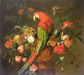 Arara Escarlate empoleirada em uma urna esculpida com flores (óleo sobre tela)
