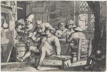 Interior com agricultores a jogar às cartas