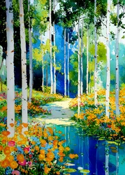 Caminho na floresta de bétulas em flor