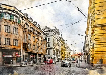 Rua com elétricos europeus em aguarela