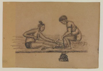 Ilustração para uma lenda Inuit (duas pessoas nuas fazendo fogo)