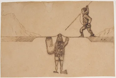 Motivo de uma lenda da Groenlândia Oriental (Um prisioneiro levanta seu arpão contra uma criatura marinha, tupilak, que é metade foca, metade foca, metade humana e com uma luva de urso e garra de pássaro)