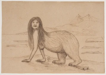 Mulher com uma parte traseira do corpo de um urso de gelo (ilustração para uma lenda inuit)