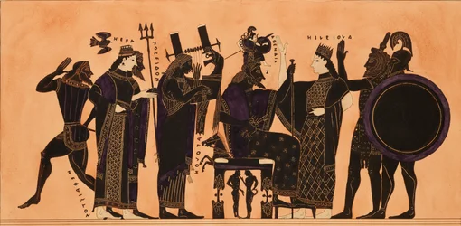 Impressão da decoração em uma ânfora grega, mostrando Hefesto, Hera, Poseidon..., c1844.