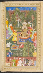 Ou. 3714 Vol.4 fol.491v Uma festa assistida por enviados uzbeques, hindus e kizilbash que trouxeram presentes e dinheiro a Babur, de 