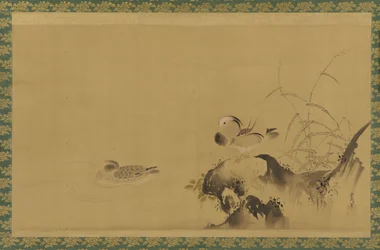 Patos mandarim em uma paisagem, período Edo, meados do século XVII e início do século XVIII.
