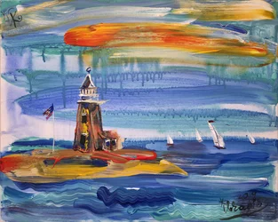 Paisagem marítima com um farol colorido