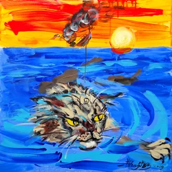 Gato Feroz ao Pôr do Sol no Oceano
