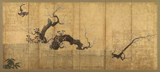 Florescendo ameixa e camélia em uma paisagem de jardim, período Edo, final do século XVI e início do século XVII.