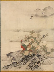 Flores e pássaros em uma paisagem de primavera, 1500s.