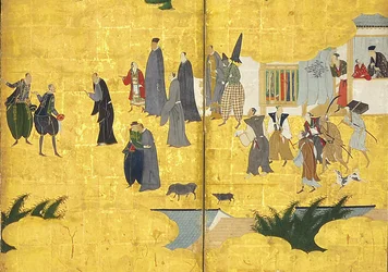 Detalhe dos bárbaros do sul chegam ao comércio, par de telas de seis painéis, início do século XVII