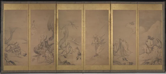 Patriarcas budistas, taoístas e confucionistas (tinta e folha de ouro sobre papel)