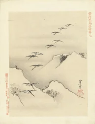 Gansos a sobrevoar montanhas
Esboços de flores e aves de Kano Tsunenobu (título da série)
Kano Tsunenobu kacho gafu (título da série sobre o objecto)