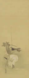Garça e lótus, período Edo, meados do século XVII ao início do século XVIII (tinta e cor sobre seda)