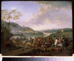 "" Uma escaramuça militar"" (Cavalry Skirmish) Cavalaria lutando durante uma batalha. Pintura de Karel Breydel (1678-1733) Museu Estatal Arkhangelskoye Estate, Moscou