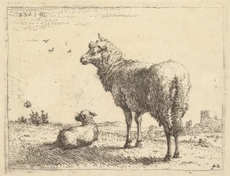 Uma ovelha madura em três quartos vê em pé e olhando para a esquerda, ao lado dela está um cordeiro ..., ca. 1655
