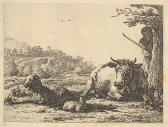 Vaca, ovelha adulta e ovelha caída na grama, além do mais, um pastor fica parcialmente ..., 1656.