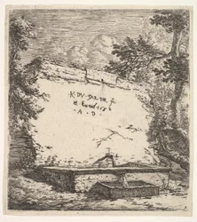 Frontispício com fonte escalonada, um muro de pedra com bico de água despejando água em um rec ..., 1652.