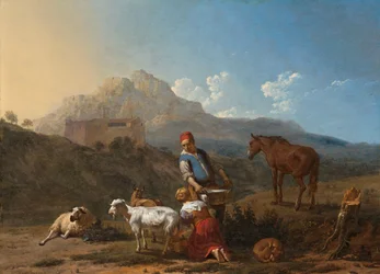 Paisagem italiana com cabra ordenhando uma cabra
Paisagem italiana com ordenha de cabra