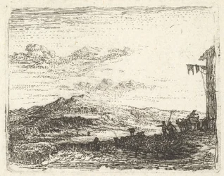 Paisagem com canto do edifício e toldo na extrema direita, duas figuras e um cavalo -..., ca. 1641-78.