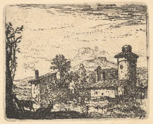 Paisagem com duas cabras com cornos na sombra em primeiro plano à esquerda, edifícios da aldeia..., ca. 1641-78.