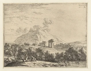 Paisagem com ruína e dois homens com um cão