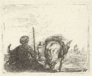 Cavalo de carga, homem sentado com cajado na mão direita e cachorro, todos vistos de trás ..., ca. 1641-78.
