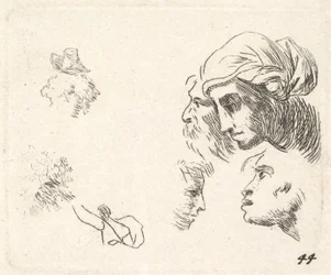Estudo de cabeças em perfil, uma mulher com touca e um homem barbudo cujas cabeças ..., ca. 1641-78.