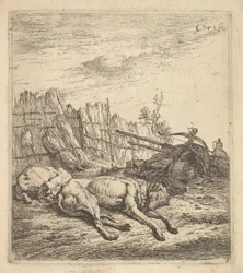 Dois cães dormindo no chão, um arado, equipamentos agrícolas, cachos de palha e um ..., ca. 1641-78.