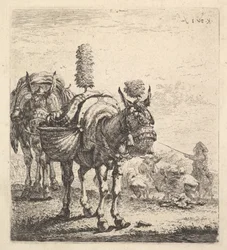 Duas mulas carregando cestos e equipadas com antolhos, plumas e borlas, um mu ..., ca. 1641-78.