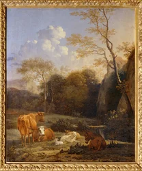 Le bocage, Vacas, burros e ovelhas junto a um riacho ...