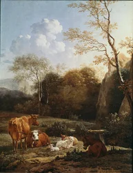 O bocage de animais perto de um riacho. Pintura de Karel Dujardin (1622-1678) 1656 Sol. 52x43 cm Paris, Musee du Louvre
