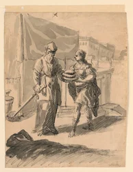 Desenho, Figura apresentando pães a um general, ca. 1650