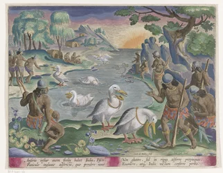 Você quer vangen com behulp van pelikanen Jachttaferelen (título da série) A caça de animais selvagens, aves e peixes no Bestiário (título da série)