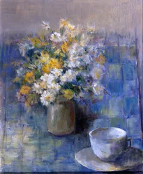 Chávena de chá e margaridas (óleo sobre tela)