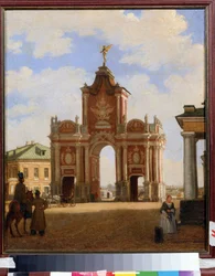 Os portões vermelhos em Moscou. Pintura de Karl Petrovich Bodri (1812-1894). Óleo sobre tela, 46 x 34 cm