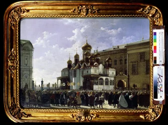 Procissão de Páscoa na Catedral de Maria Anunciação em Moscou. Pintura de Karl Petrovich Bodri (1812-1894). Óleo sobre tela, 61 x 85 cm