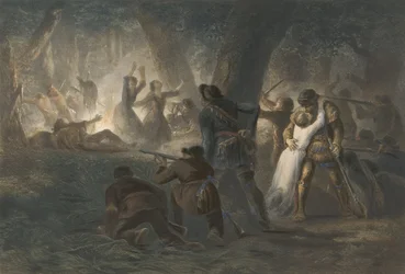 Libertação das Filhas de Daniel Boone e Richard Callaway, pub. 1852 (gravura a cores)