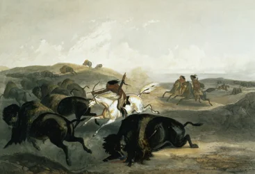 Índios a caçar bisontes, prancha 31 do volume 2 de «Viagens no interior da América do Norte», gravada por Carl Vogel (1816-51), 1844