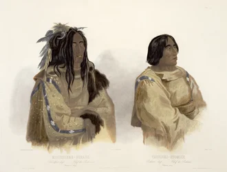 Mehkskeme-Sukahs, Chefe Blackfoot e Tatsicki-Stomick, Piekann Chief, placa 45 do Volume 2 de "Viagens no Interior da América do Norte", gravada por Allais, 1844 (aquatint)