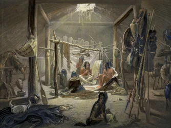 O Interior de uma cabana de um chefe Mandan, placa 19 do volume 2 de viagens no Interior da América do Norte, gravado por Narcisse Desmadryl, 1844 detalhe colorido aquatint de 103848